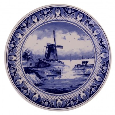 Heinen Delftware Delfts blauw - Wandbord - Traditioneel molenlandschap 20cm