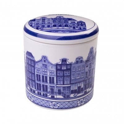 Heinen Delfts blauw Delfts blauwe voorraadpot - Amsterdamse grachtenhuizen 13 cm