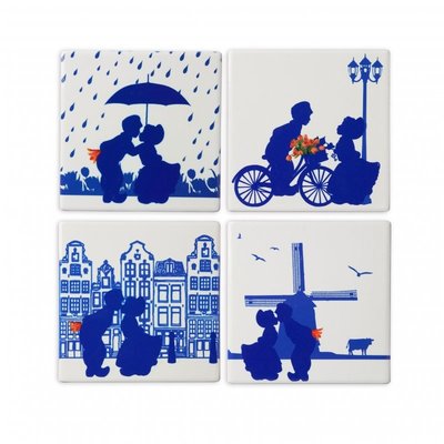 Heinen Delfts blauw Luxury coasters - Earthenware - Dutch kissing couple