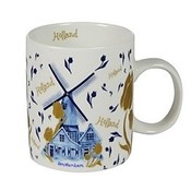 Typisch Hollands Holland koffie-theemok - Tulpen en molendecoratie - goud-blue