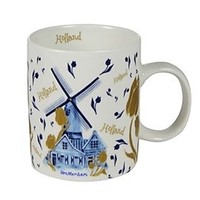 Typisch Hollands Holland coffee-tea mug - Tulips and windmill decoration - gold-blue