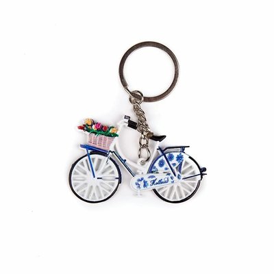 Typisch Hollands Sleutelhanger - Fiets met Tulpen - Delfts blauw