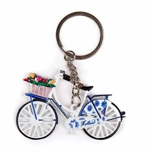 Typisch Hollands Sleutelhanger - Fiets met Tulpen - Delfts blauw