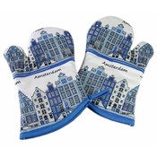 Typisch Hollands Ovenwanten - set a 2 - Gevelhuisjes - Delfts blauw