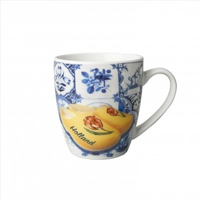 Heinen Delfts blauw Small mug - Modern Delft blue - Tile print and yellow clogs