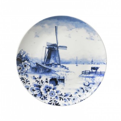 Heinen Delftware Delfter Blau Wandteller 20,5 cm - Mühlenlandschaft (Blumen)