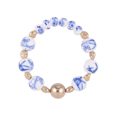 Heinen Delftware Armband geregen met Delfts blauwe kralen - Molens en bloemen