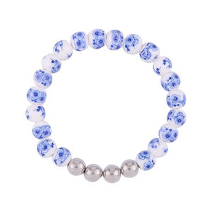 Heinen Delftware Armband geregen met Delfts blauwe kralen - Bloemen