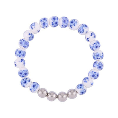 Heinen Delftware Armband Blumen und silberfarbene Perlen