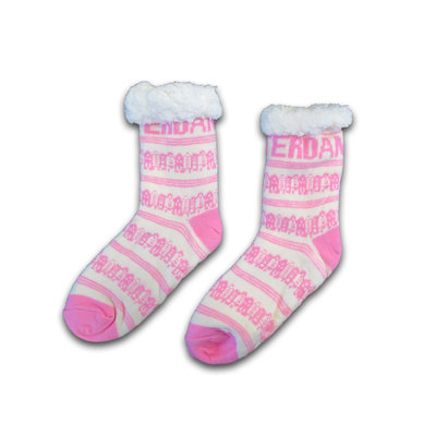TTD Gifts Fleece Comfortsokken - Gevelhuisjes - Wit-Roze