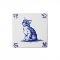 Heinen Delfts blauw Delft blue tile with a cat.