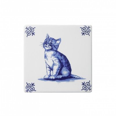 Heinen Delfts blauw Delft blue tile with a cat.