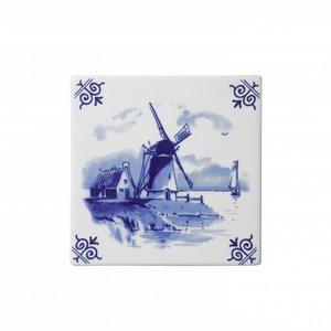 Heinen Delftware Delfter blaue Fliese mit einer Landschaft und einer Windmühle.
