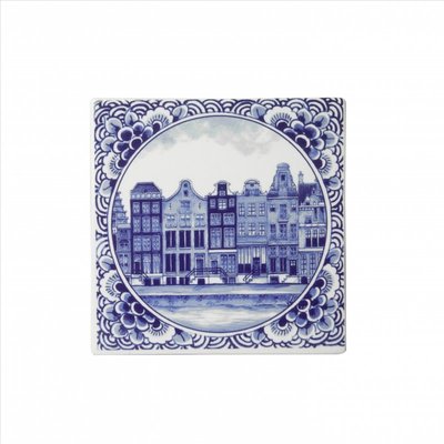 Heinen Delfts blauw Delft blue tile with Amsterdam canal houses.