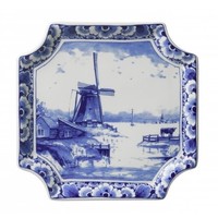 Heinen Delfts blauw Delft Blue wall plate - Square windmill appliqué