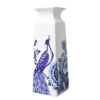 Heinen Delftware Delfts blauwe Vaas vierkant bloem en pauw groot 22cm