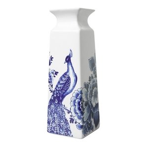 Heinen Delftware Delfter blaue Vase, quadratische Blume und Pfau, klein, 15 cm