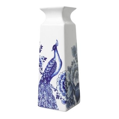 Heinen Delfts blauw Delft blue Vase square flower and peacock small 15 cm