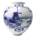 Heinen Delfts blauw Große kugelförmige Vase mit Windmühlenlandschaft