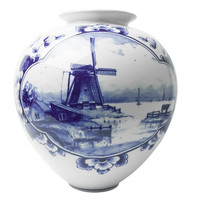 Heinen Delfts blauw Große kugelförmige Vase mit Windmühlenlandschaft