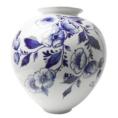 Heinen Delfts blauw Bulb vase large with elegant flower decoration