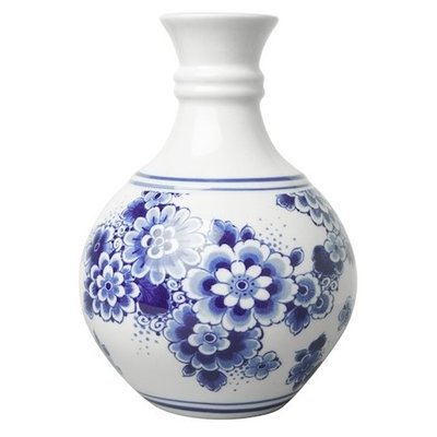 Heinen Delfts blauw Kleine, kugelförmige Vase in Delfter Blau mit Blumenmalerei, 14 cm