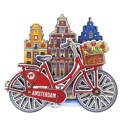 Typisch Hollands Magnet Amsterdam houses bicycle red with rotating wheels