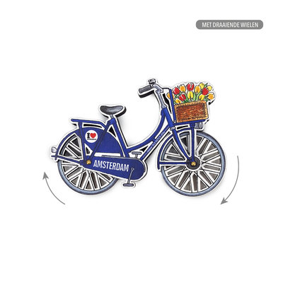 lid Notitie basketbal Holland souvenirs kopen? Magneet - Amsterdam fiets blauw draaiend wiel -  Typisch Hollands.