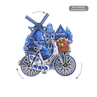 Typisch Hollands Magnet Holland Windmühle Fahrrad Delft blau rotierende Räder