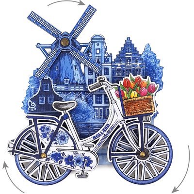 Typisch Hollands Magneet Holland molen fiets delftsblauw draaiende wielen