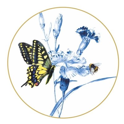 Heinen Delfts blauw Wall plate butterfly and bee on carnation branch 15.5 cm
