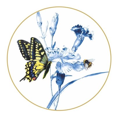 Heinen Delftware Wall plate butterfly and bee on carnation branch 15.5 cm