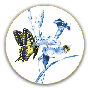 Heinen Delfts blauw Wall plate butterfly and bee on carnation branch 15.5 cm