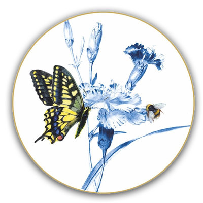 Heinen Delftware Wall plate butterfly and bee on carnation branch 15.5 cm