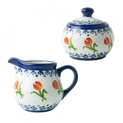 Heinen Delftware Sugar bowl orange tulip - Porcelain (Delft blue with orange tulip)