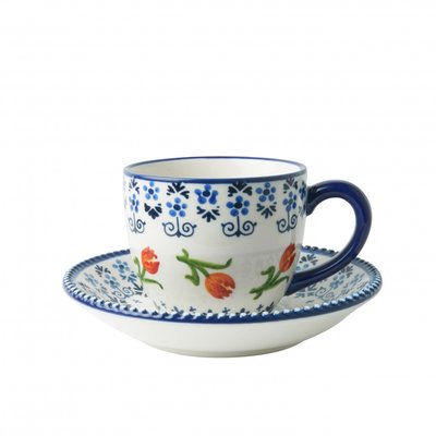 Heinen Delfts blauw Cup and saucer orange tulip - Porcelain