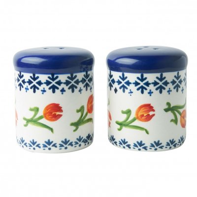 Heinen Delfts blauw Zout & peper set oranje tulp - porselein