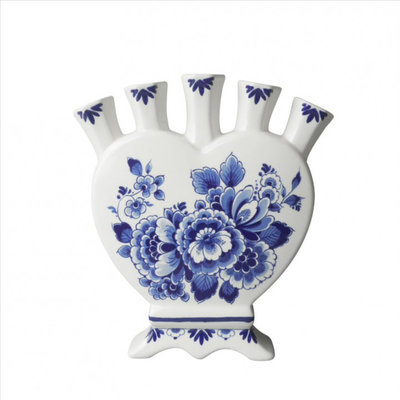 Heinen Delfts blauw Tulip vase heart-shaped landscape and flower motif