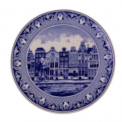 Heinen Delfts blauw Delfts blauw - Wandbord - Amsterdam grachtengordel. -Ø25 cm