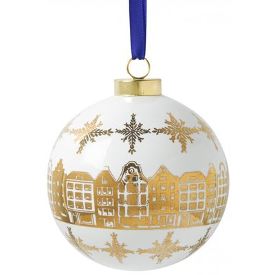 Heinen Delftware Große weiße Weihnachtskugel - 8 cm mit goldverzierten Häusern