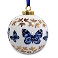 Heinen Delftware Grote witte kerstbal - 8 cm met Delfts blauwe vlinders