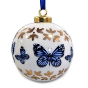 Heinen Delftware Grote witte kerstbal - 8 cm met Delfts blauwe vlinders