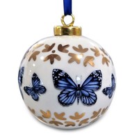 Heinen Delfts blauw Large white Christmas bauble - 8 cm with Delft blue butterflies