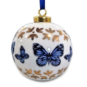 Heinen Delftware Große weiße Weihnachtskugel - 8 cm mit Delfter blauen Schmetterlingen
