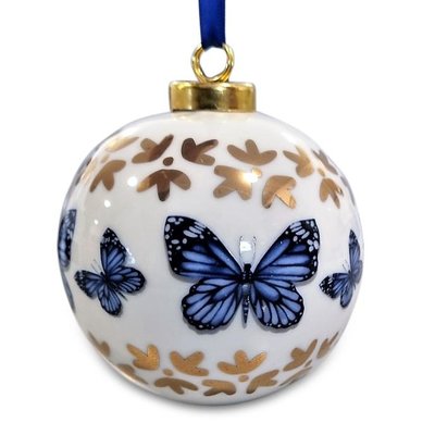Heinen Delfts blauw Large white Christmas bauble - 8 cm with Delft blue butterflies