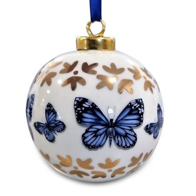 Heinen Delftware Große weiße Weihnachtskugel - 8 cm mit Delfter blauen Schmetterlingen