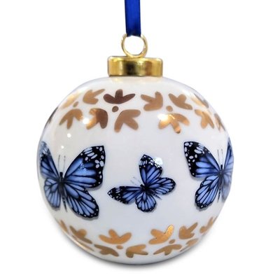 Heinen Delftware Große weiße Weihnachtskugel - 8 cm mit Delfter blauen Schmetterlingen