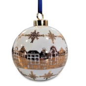 Heinen Delftware Große weiße Weihnachtskugel - 8 cm mit goldverzierten Häusern