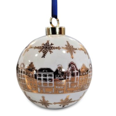 Heinen Delftware Large white Christmas bauble - 8 cm with gold decorated houses