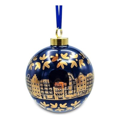 Heinen Delftware Grote kobalt-blauwe kerstbal - 8 cm met goud gedecoreerde huisjes